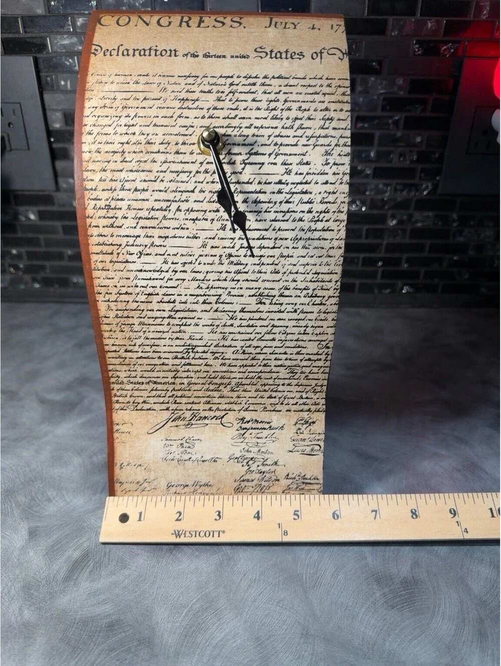 Declaration of Independence Curved Wood Quartz Desk Mantel Clock Americana Decor